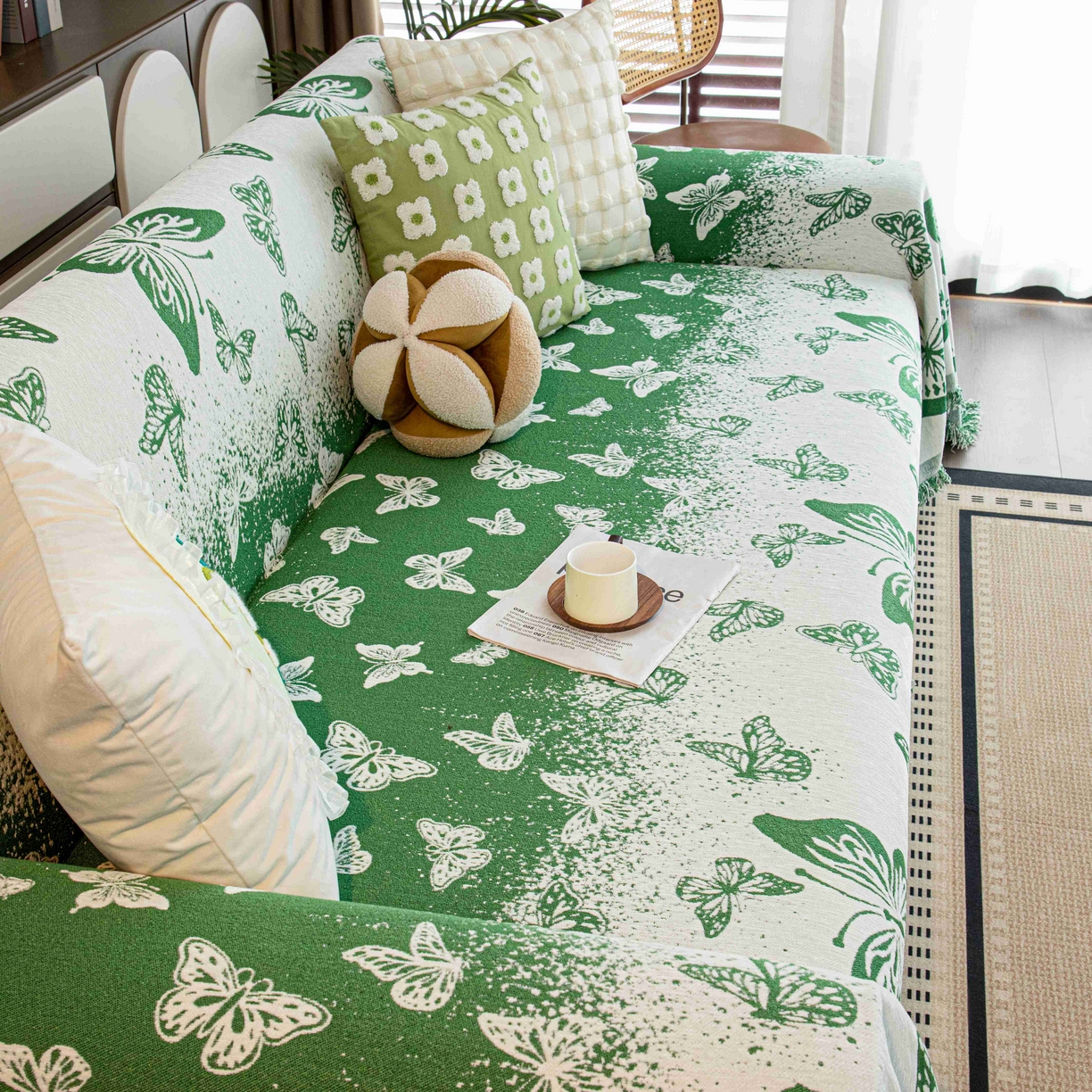 91家纺网 家纺一手货源 找家纺 沐沐家纺 2026新款恋蝶沙发巾 绿色