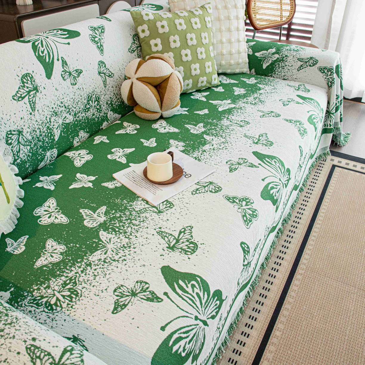 91家纺网 家纺一手货源 找家纺 沐沐家纺 2026新款恋蝶沙发巾 绿色