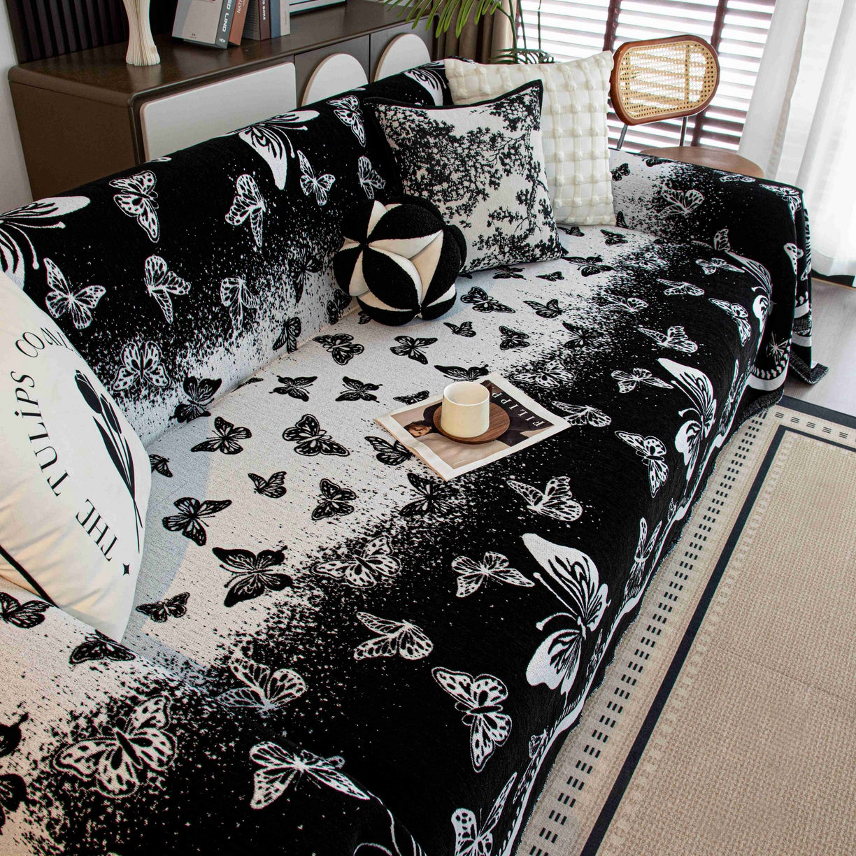 沐沐家纺 2026新款恋蝶沙发巾 黑色