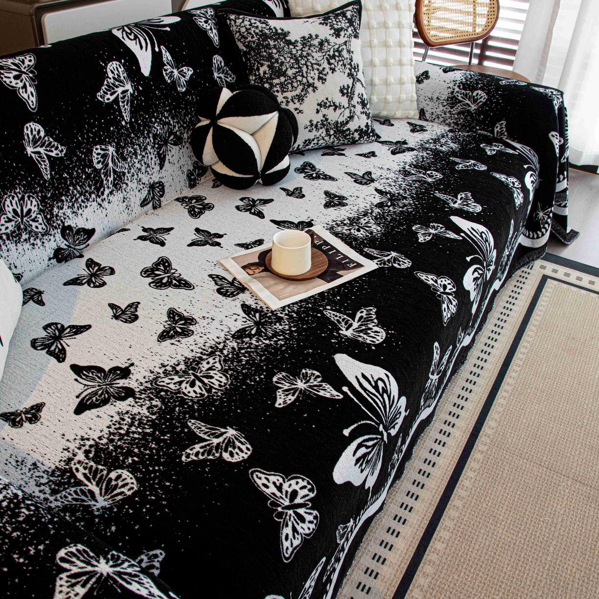 91家纺网 家纺一手货源 找家纺 沐沐家纺 2026新款恋蝶沙发巾 黑色