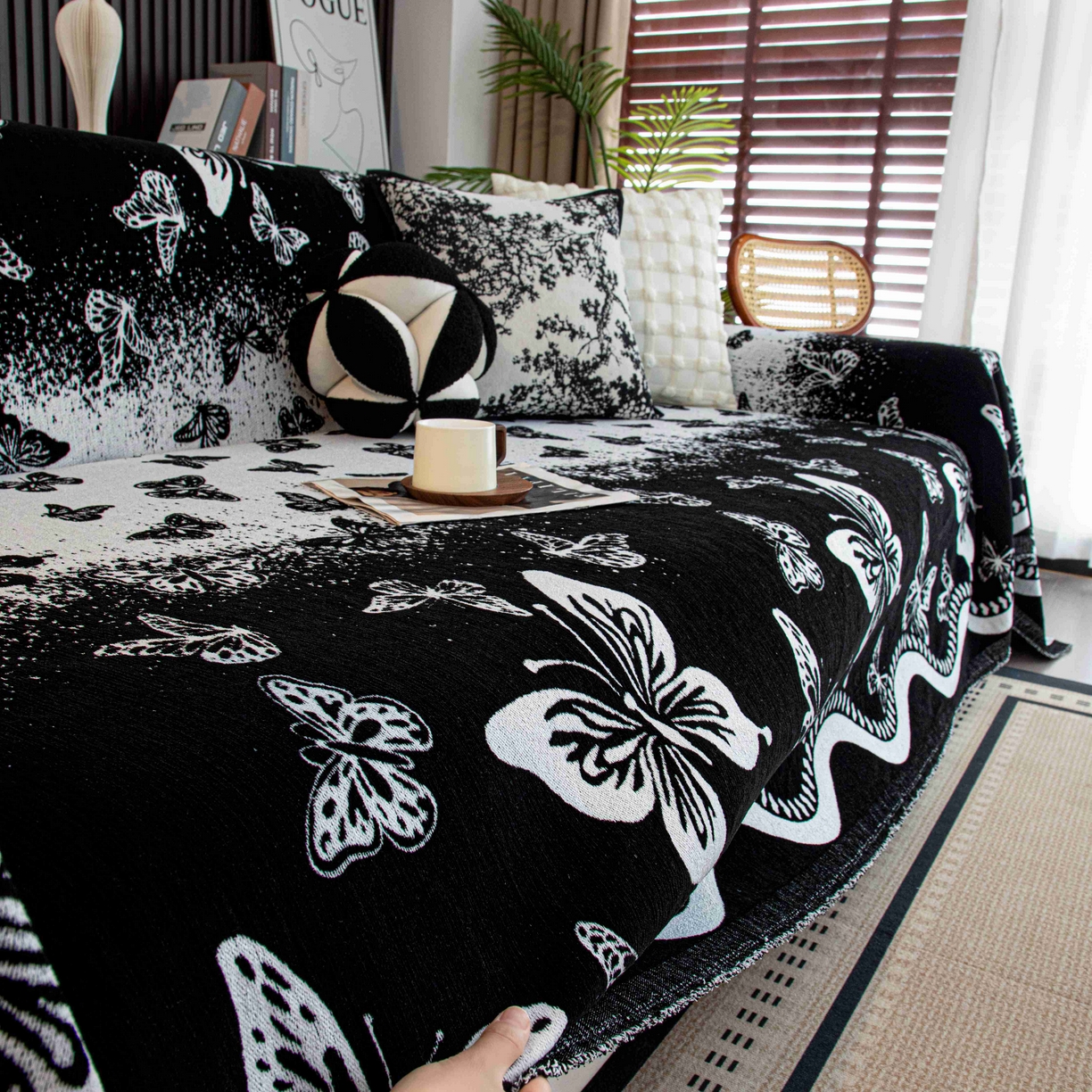 91家纺网 家纺一手货源 找家纺 沐沐家纺 2026新款恋蝶沙发巾 黑色