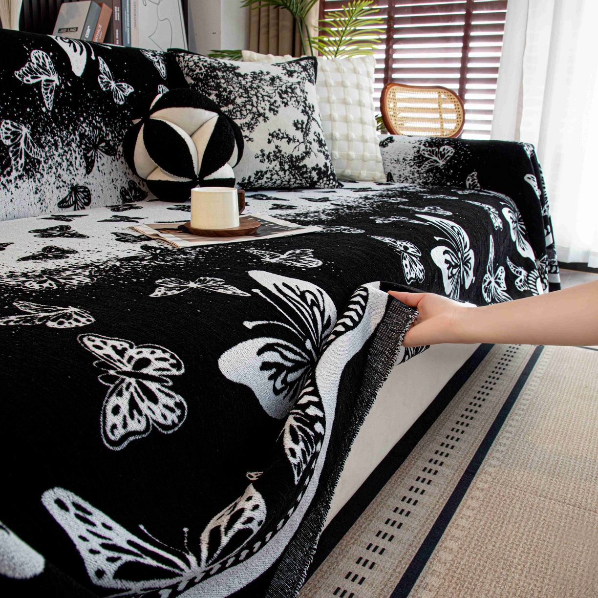 91家纺网 家纺一手货源 找家纺 沐沐家纺 2026新款恋蝶沙发巾 黑色