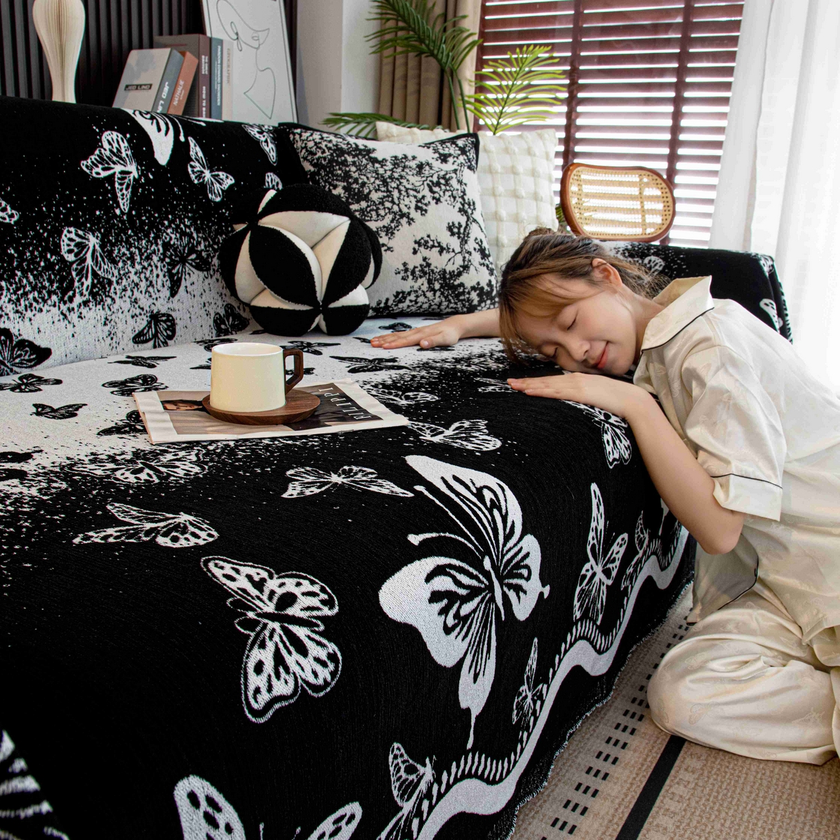 91家纺网 家纺一手货源 找家纺 沐沐家纺 2026新款恋蝶沙发巾 黑色