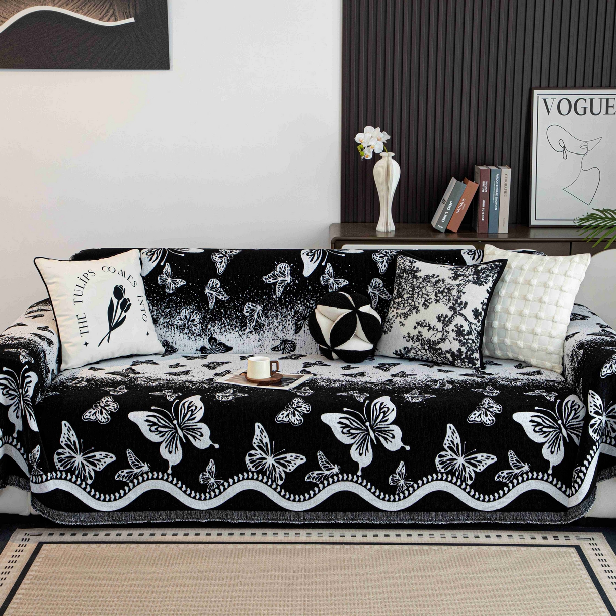 91家纺网 家纺一手货源 找家纺 沐沐家纺 2026新款恋蝶沙发巾 黑色