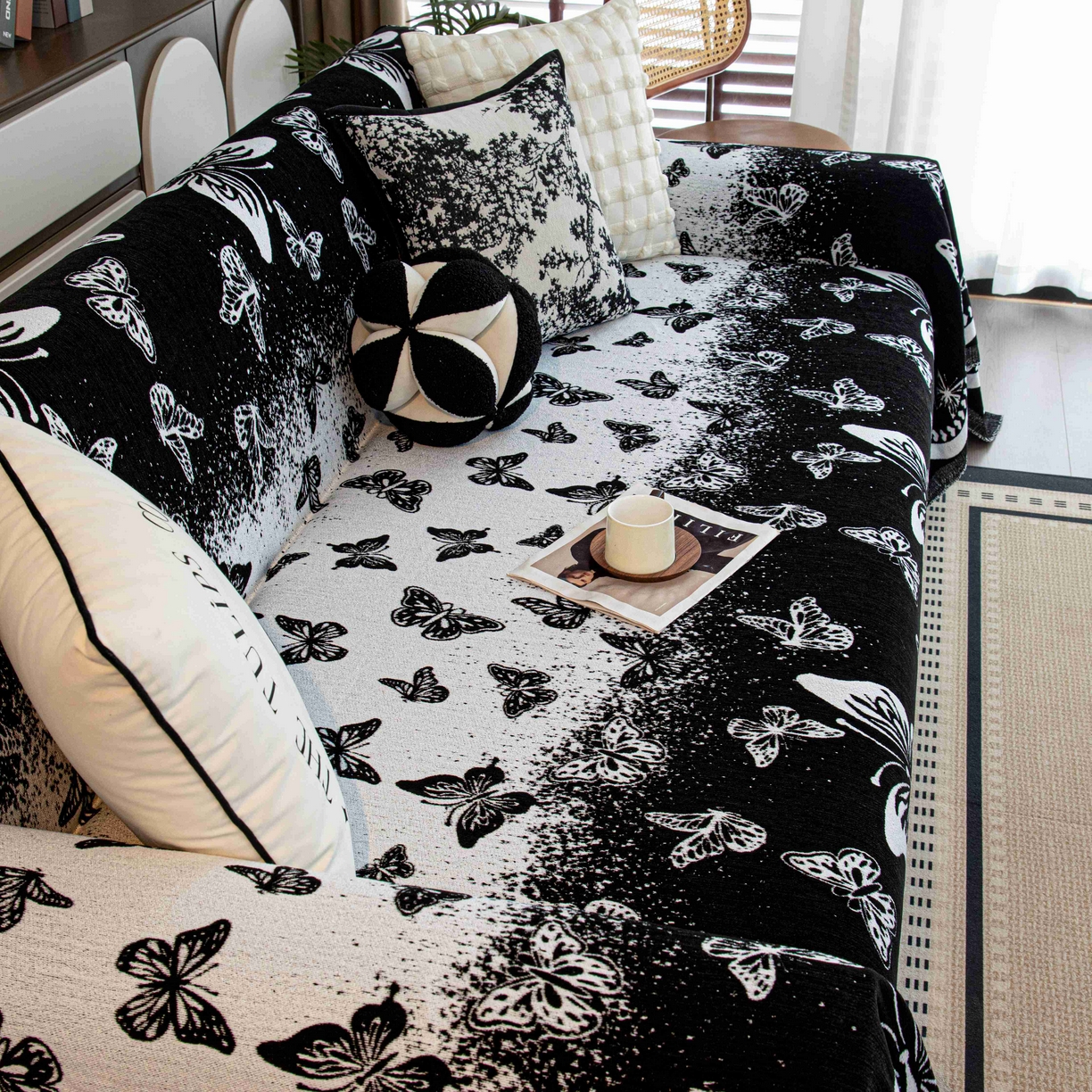 91家纺网 家纺一手货源 找家纺 沐沐家纺 2026新款恋蝶沙发巾 黑色