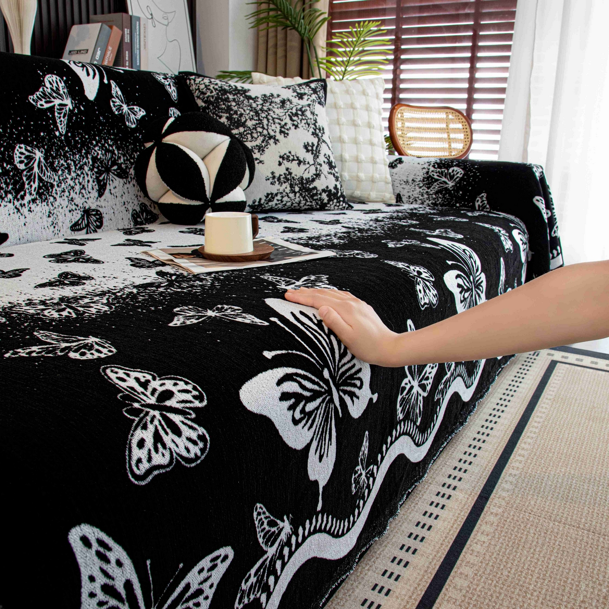 91家纺网 家纺一手货源 找家纺 沐沐家纺 2026新款恋蝶沙发巾 黑色