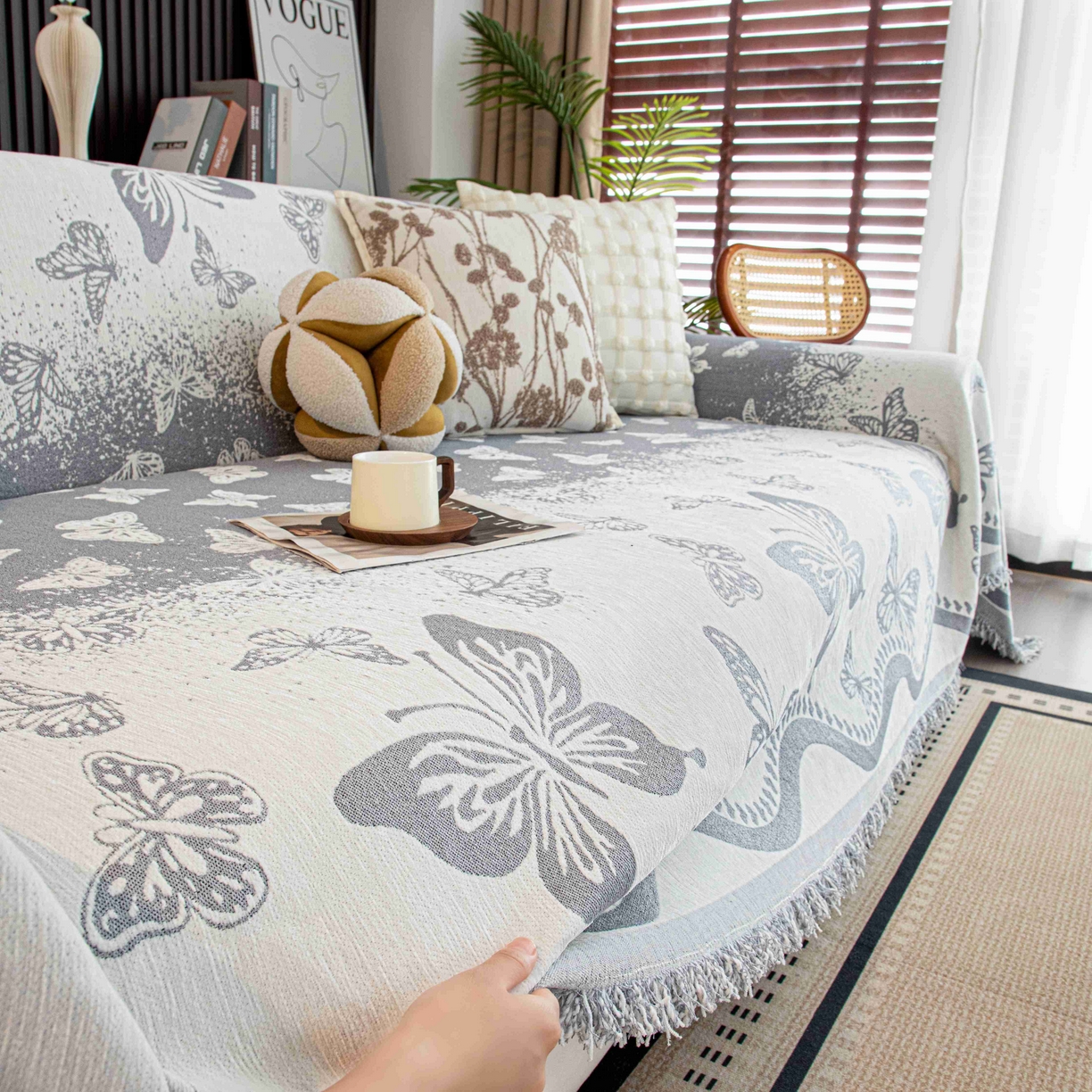 91家纺网 家纺一手货源 找家纺 沐沐家纺 2026新款恋蝶沙发巾 灰色