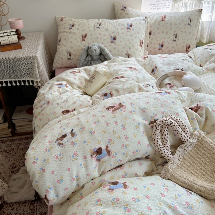 91家纺网 家纺一手货源 找家纺 红嘴企鹅 2025新款水洗棉四件套 甜心小狗