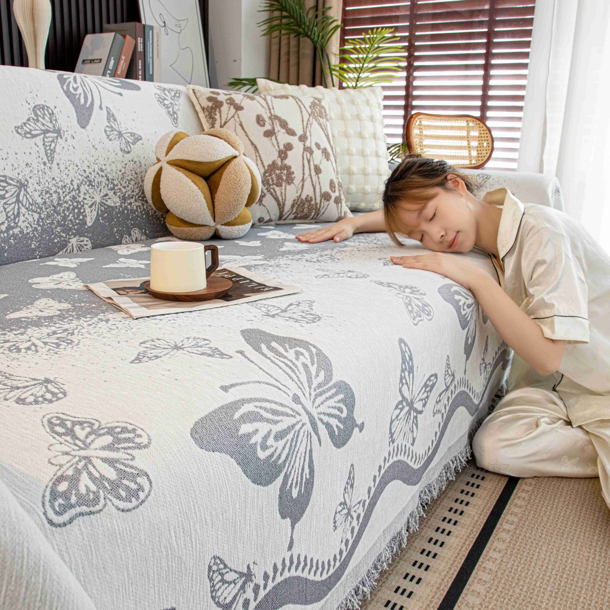 91家纺网 家纺一手货源 找家纺 沐沐家纺 2026新款恋蝶沙发巾 灰色