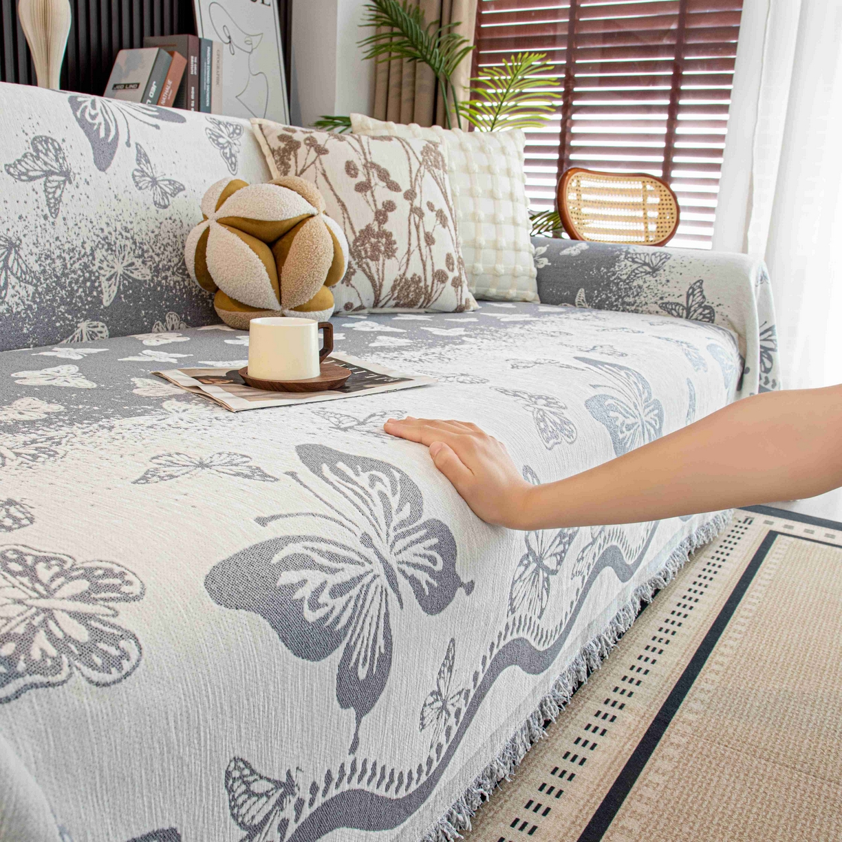 91家纺网 家纺一手货源 找家纺 沐沐家纺 2026新款恋蝶沙发巾 灰色