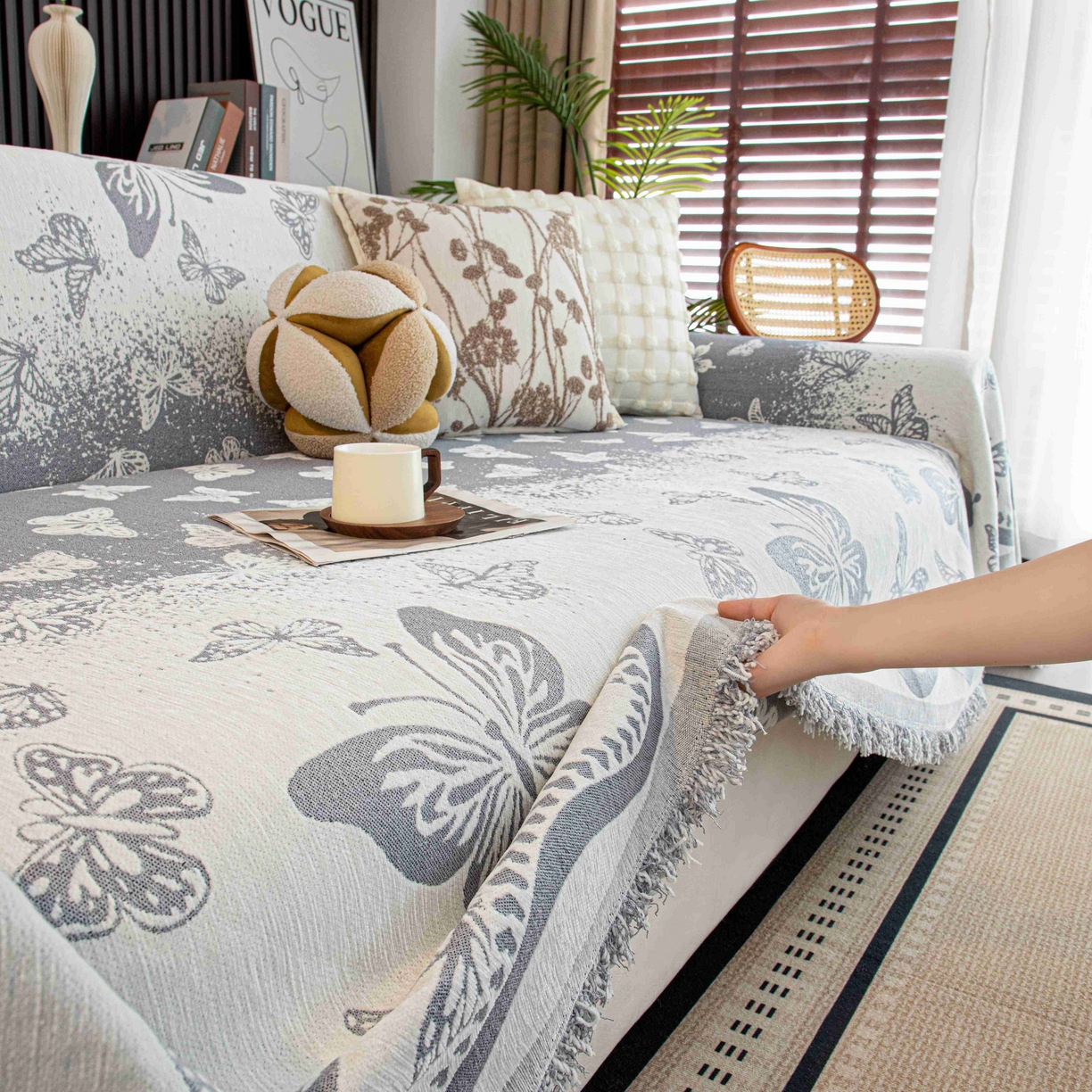 91家纺网 家纺一手货源 找家纺 沐沐家纺 2026新款恋蝶沙发巾 灰色