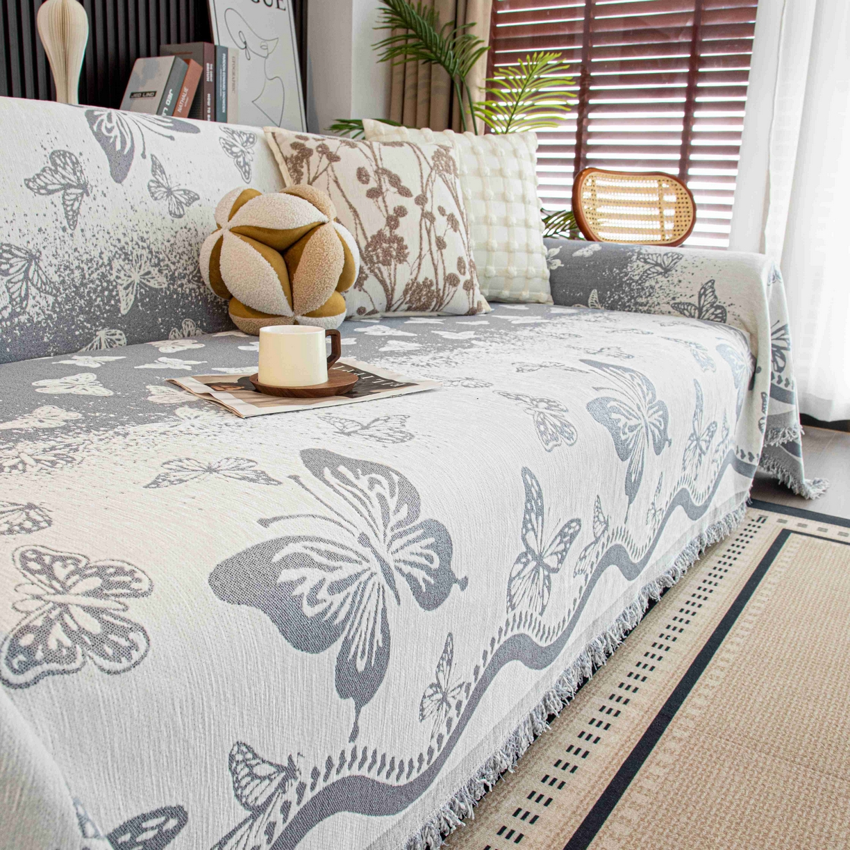 91家纺网 家纺一手货源 找家纺 沐沐家纺 2026新款恋蝶沙发巾 灰色