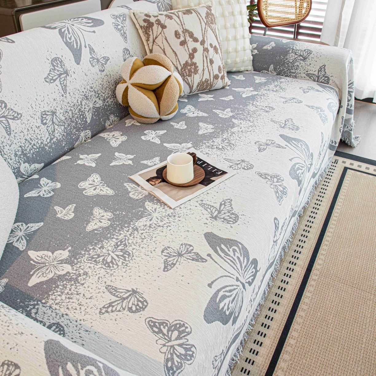 91家纺网 家纺一手货源 找家纺 沐沐家纺 2026新款恋蝶沙发巾 灰色