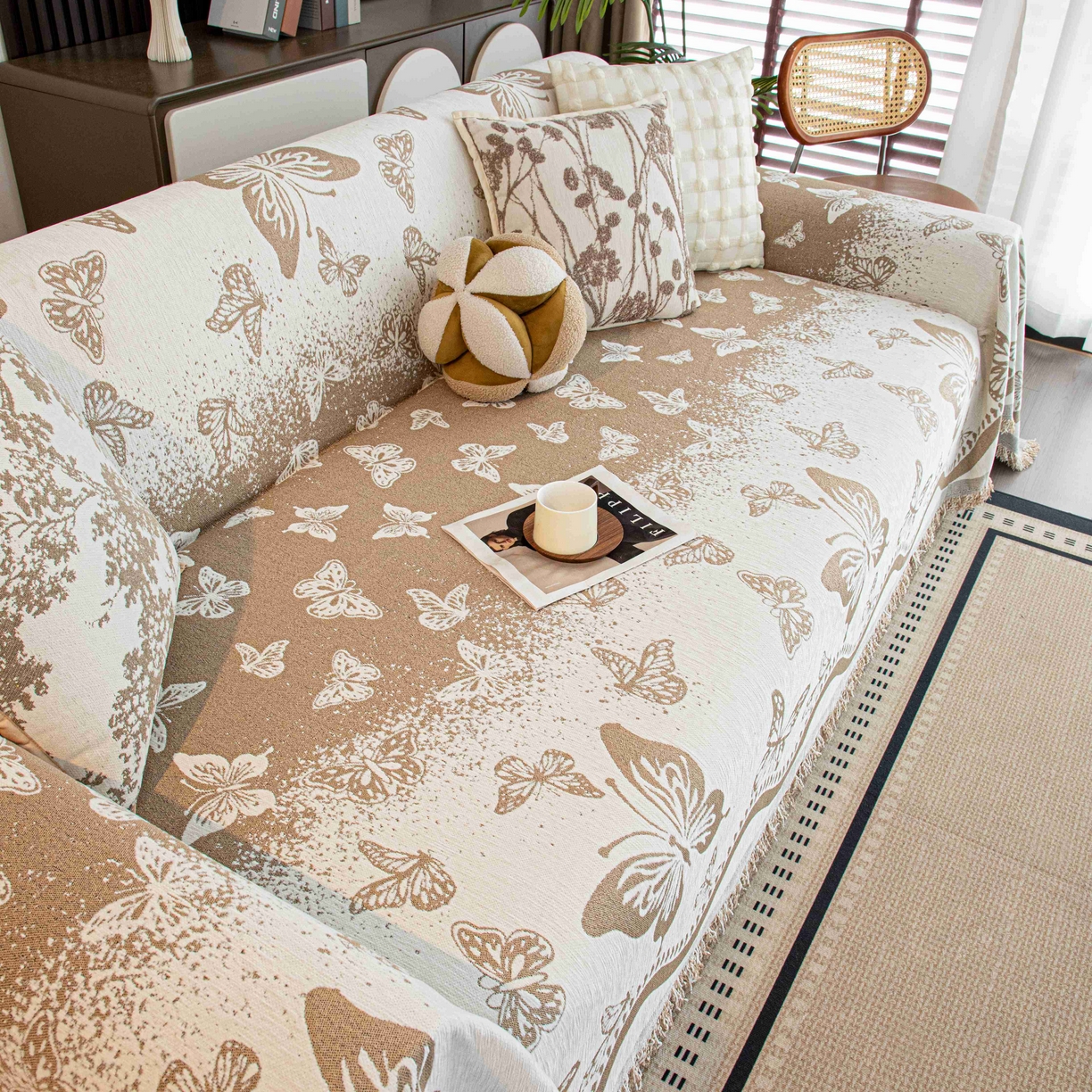 沐沐家纺 2026新款恋蝶沙发巾 卡其