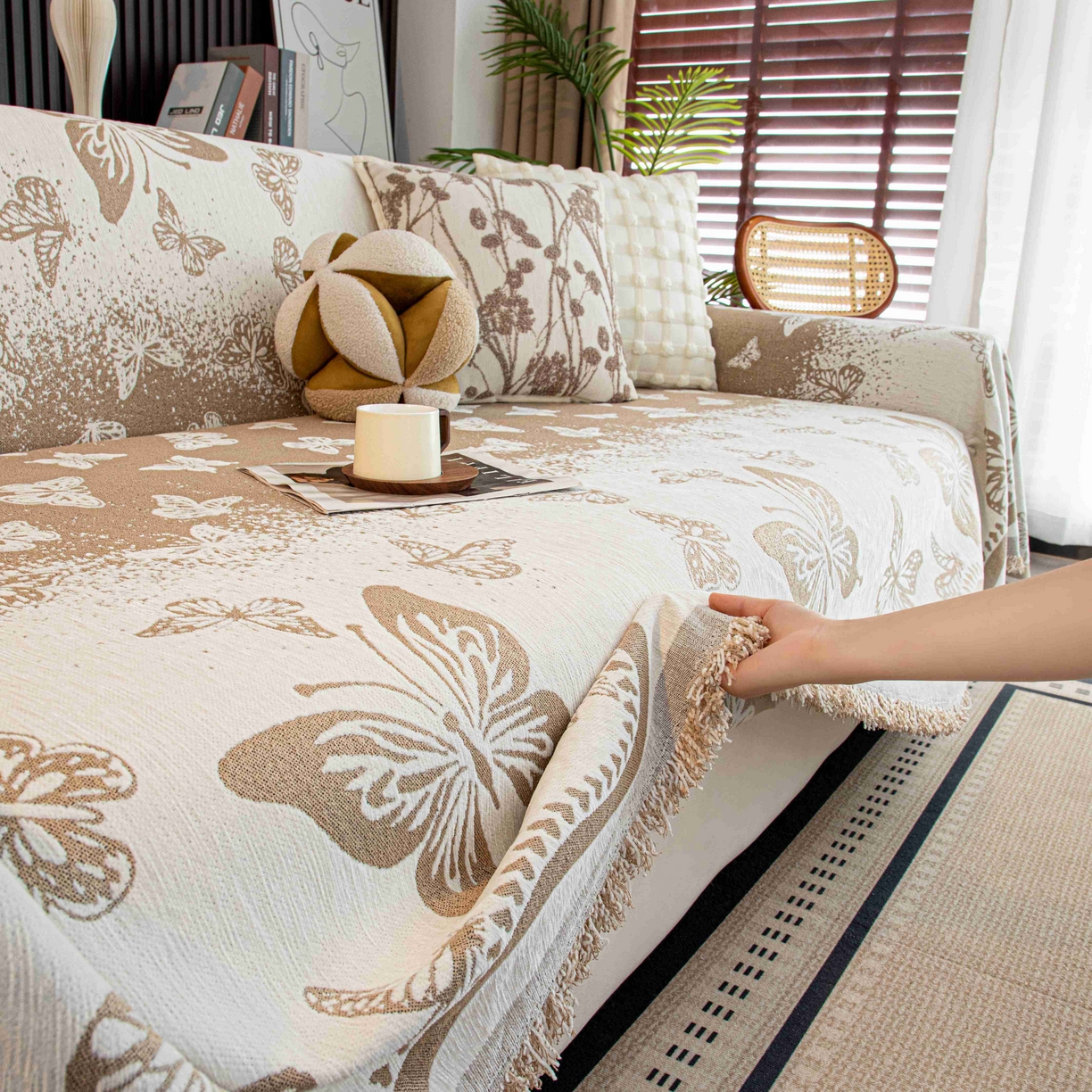 91家纺网 家纺一手货源 找家纺 沐沐家纺 2026新款恋蝶沙发巾 卡其