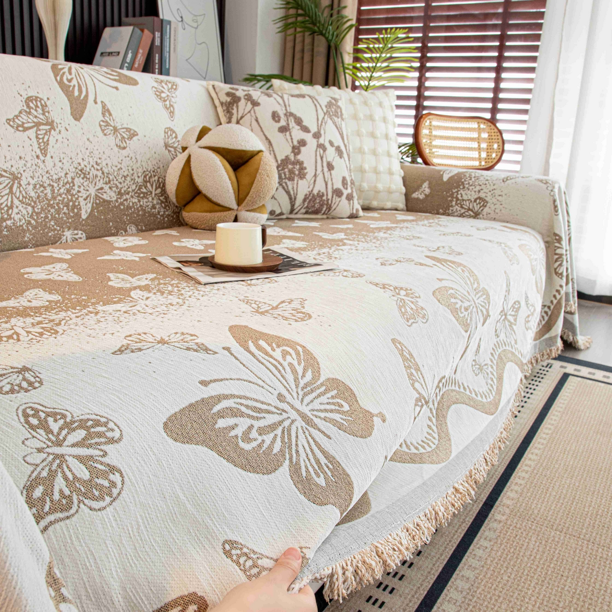 91家纺网 家纺一手货源 找家纺 沐沐家纺 2026新款恋蝶沙发巾 卡其