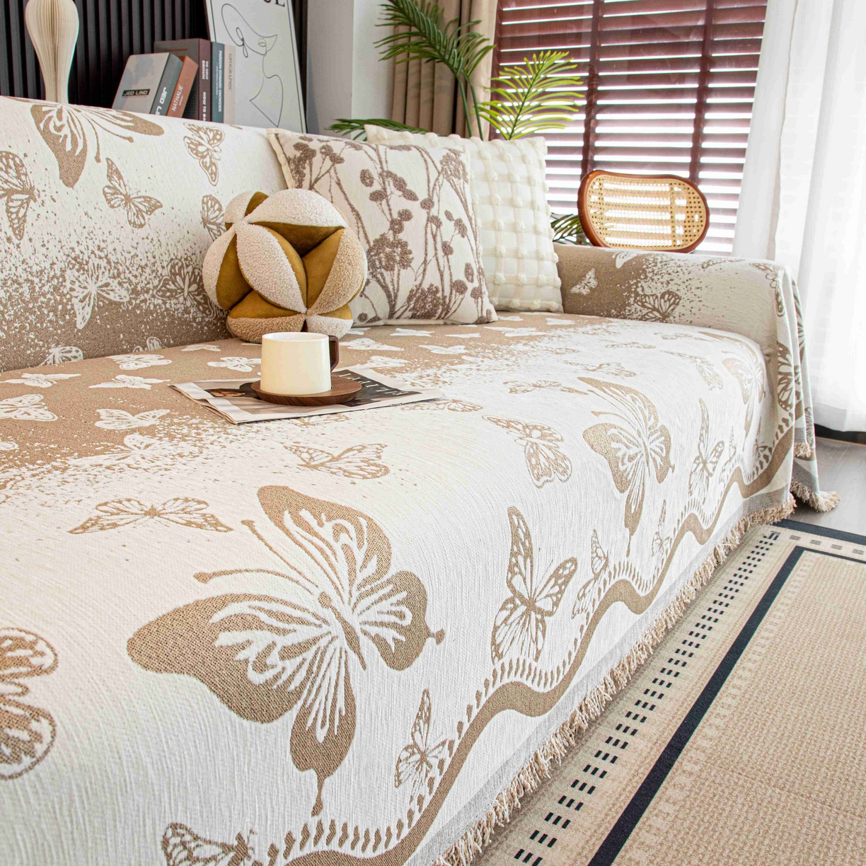 91家纺网 家纺一手货源 找家纺 沐沐家纺 2026新款恋蝶沙发巾 卡其