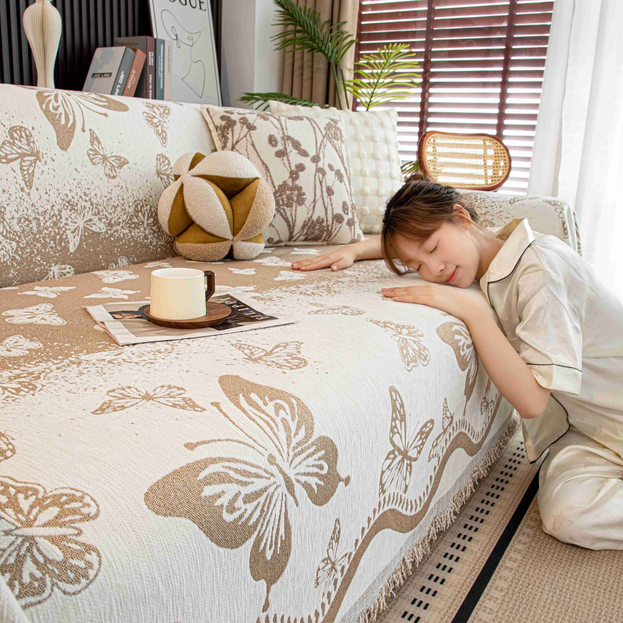 91家纺网 家纺一手货源 找家纺 沐沐家纺 2026新款恋蝶沙发巾 卡其