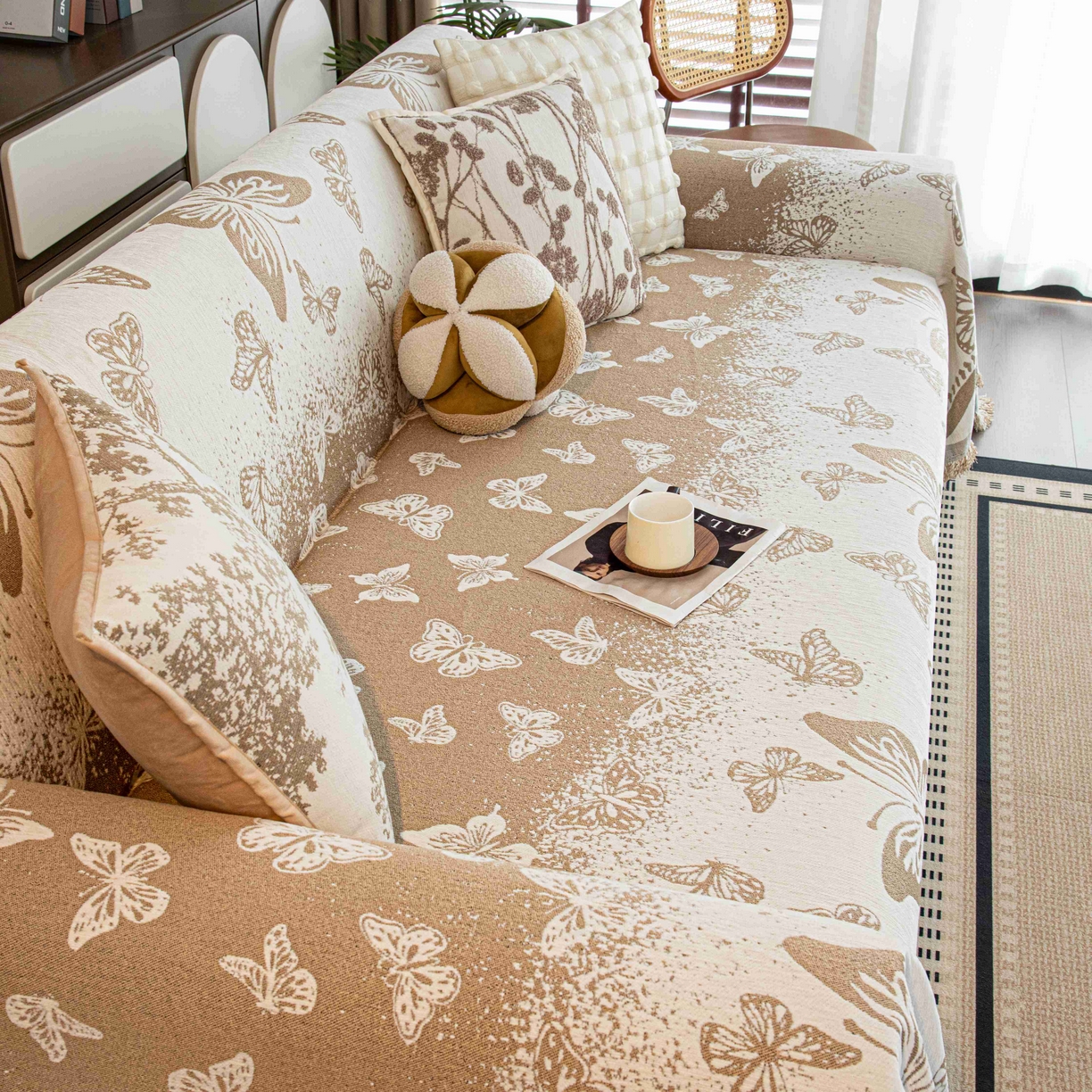 91家纺网 家纺一手货源 找家纺 沐沐家纺 2026新款恋蝶沙发巾 卡其