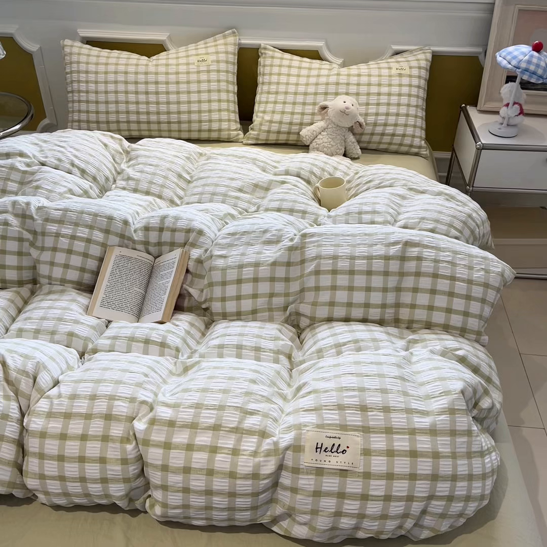 91家纺网 家纺一手货源 找家纺 （总）顾里家纺 2025新款韩系格子阳离子泡泡纱四件套-第一组