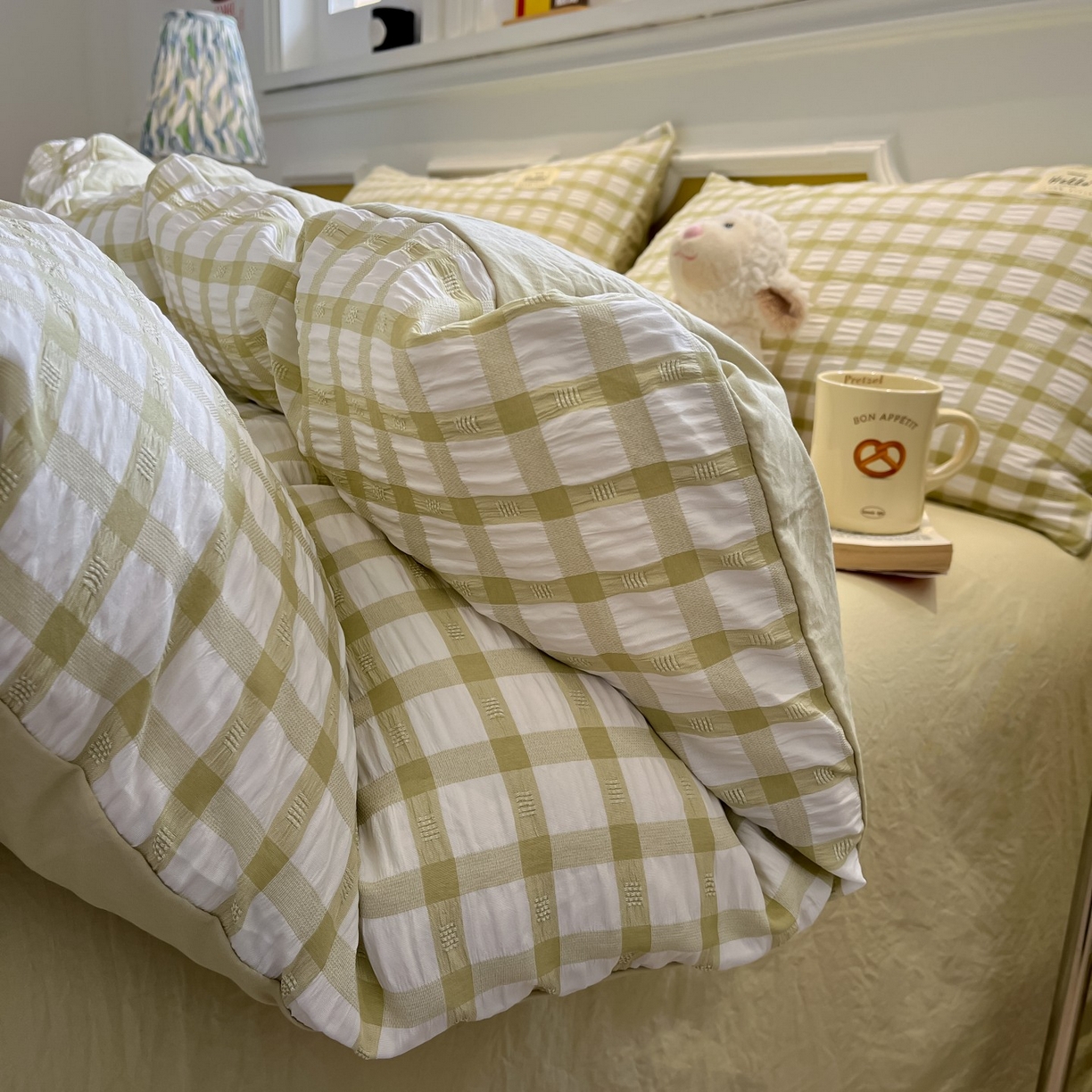 91家纺网 家纺一手货源 找家纺 （总）顾里家纺 2025新款韩系格子阳离子泡泡纱四件套-第一组