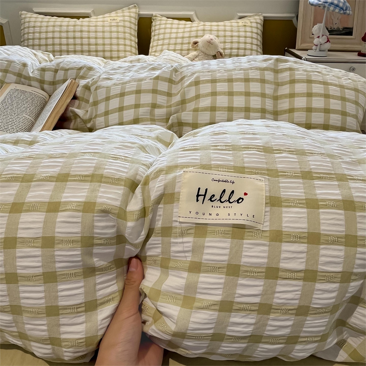 91家纺网 家纺一手货源 找家纺 （总）顾里家纺 2025新款韩系格子阳离子泡泡纱四件套-第一组