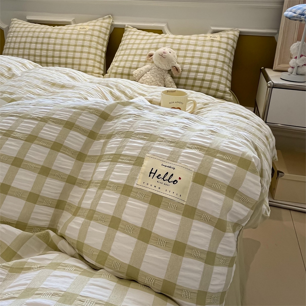 91家纺网 家纺一手货源 找家纺 （总）顾里家纺 2025新款韩系格子阳离子泡泡纱四件套-第一组