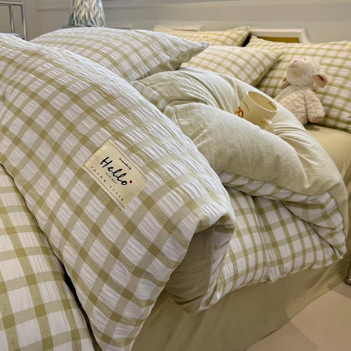 91家纺网 家纺一手货源 找家纺 （总）顾里家纺 2025新款韩系格子阳离子泡泡纱四件套-第一组