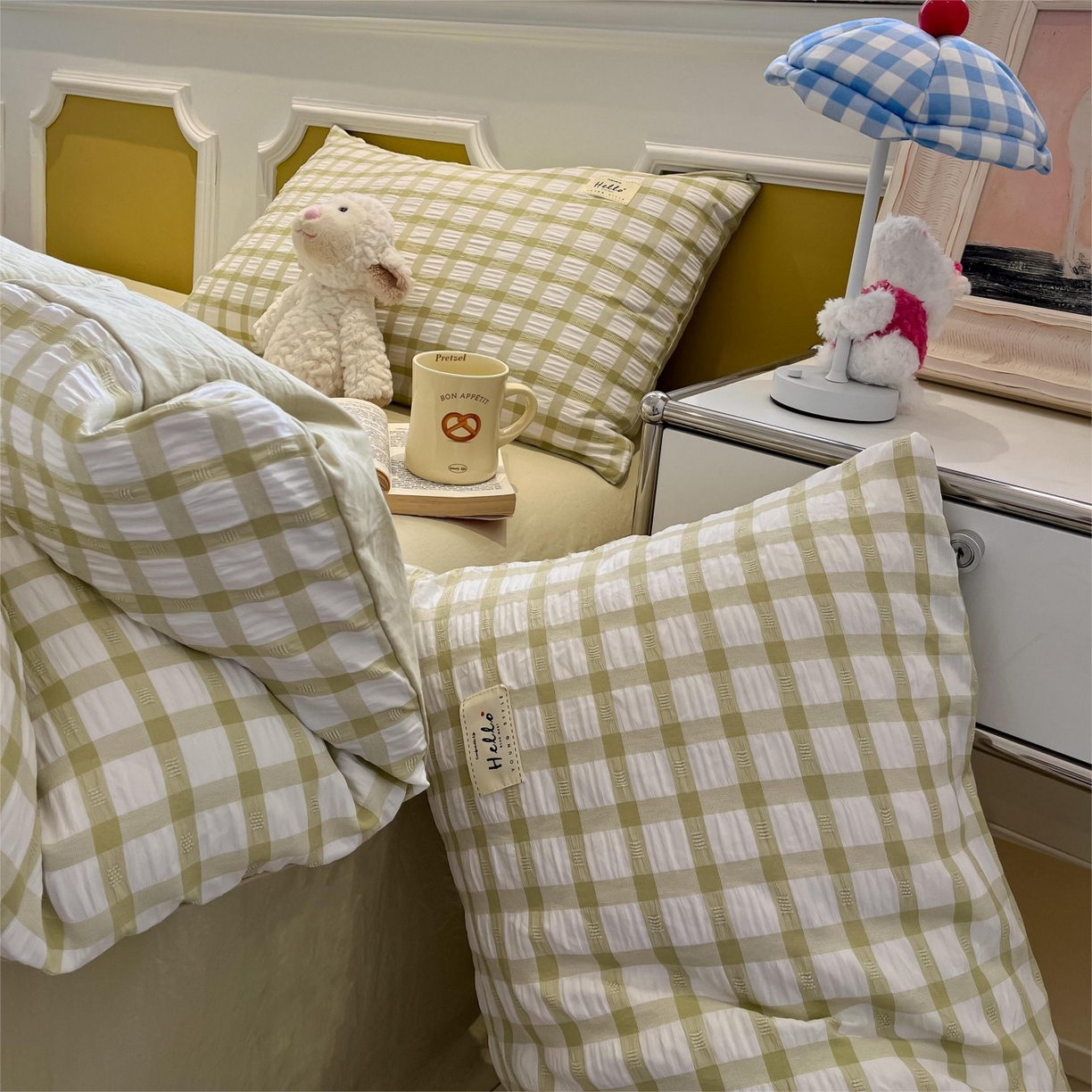 91家纺网 家纺一手货源 找家纺 （总）顾里家纺 2025新款韩系格子阳离子泡泡纱四件套-第一组