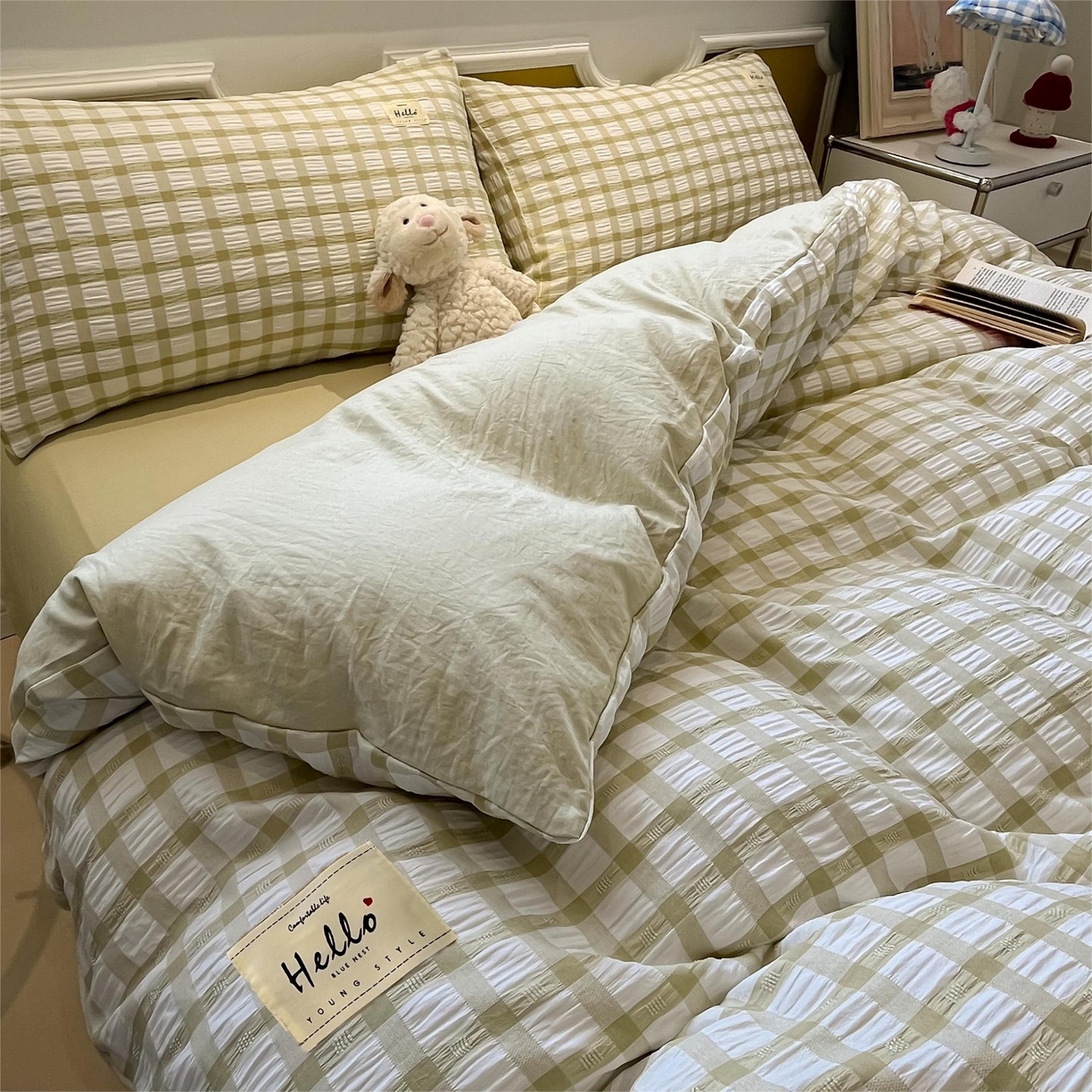 91家纺网 家纺一手货源 找家纺 （总）顾里家纺 2025新款韩系格子阳离子泡泡纱四件套-第一组