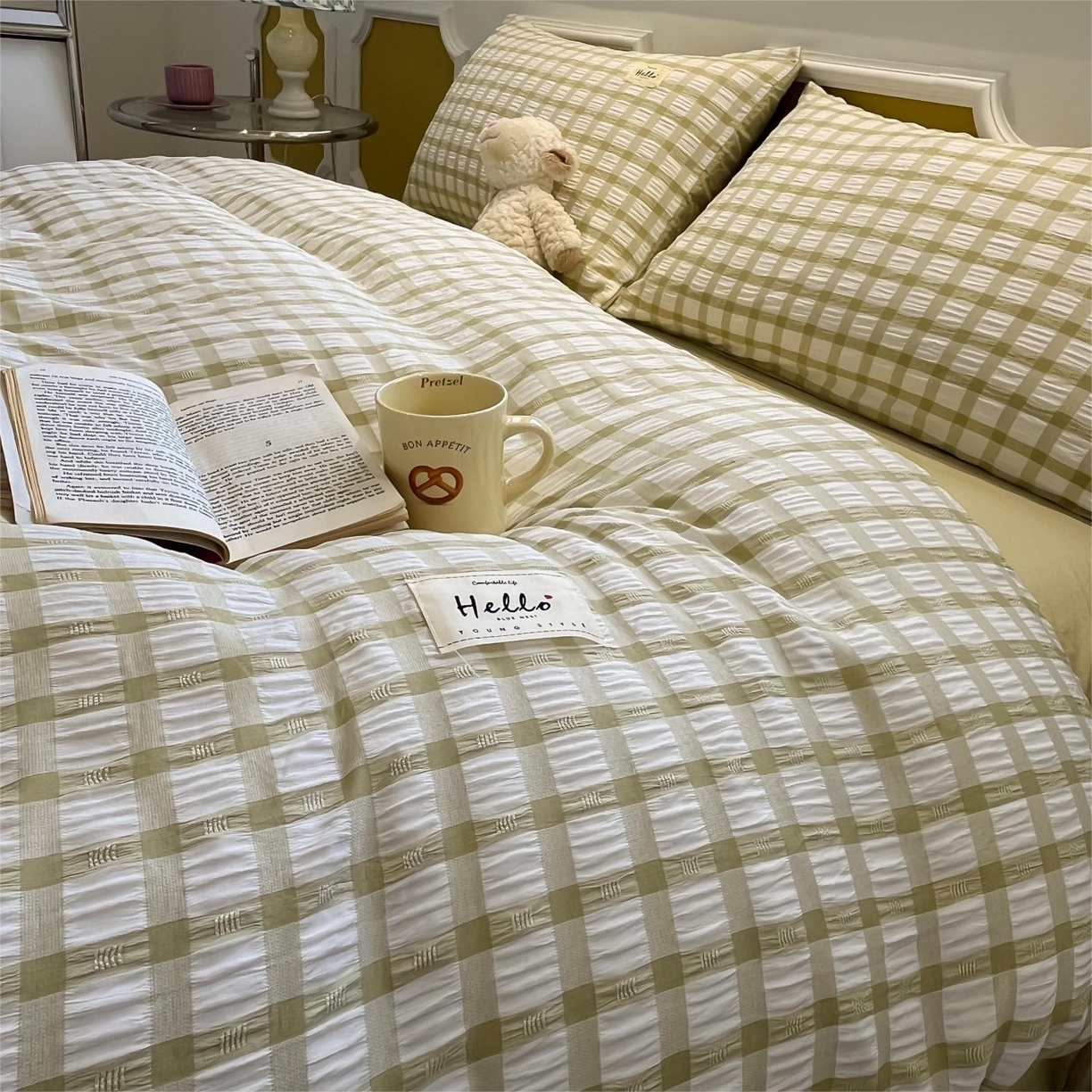 91家纺网 家纺一手货源 找家纺 （总）顾里家纺 2025新款韩系格子阳离子泡泡纱四件套-第一组