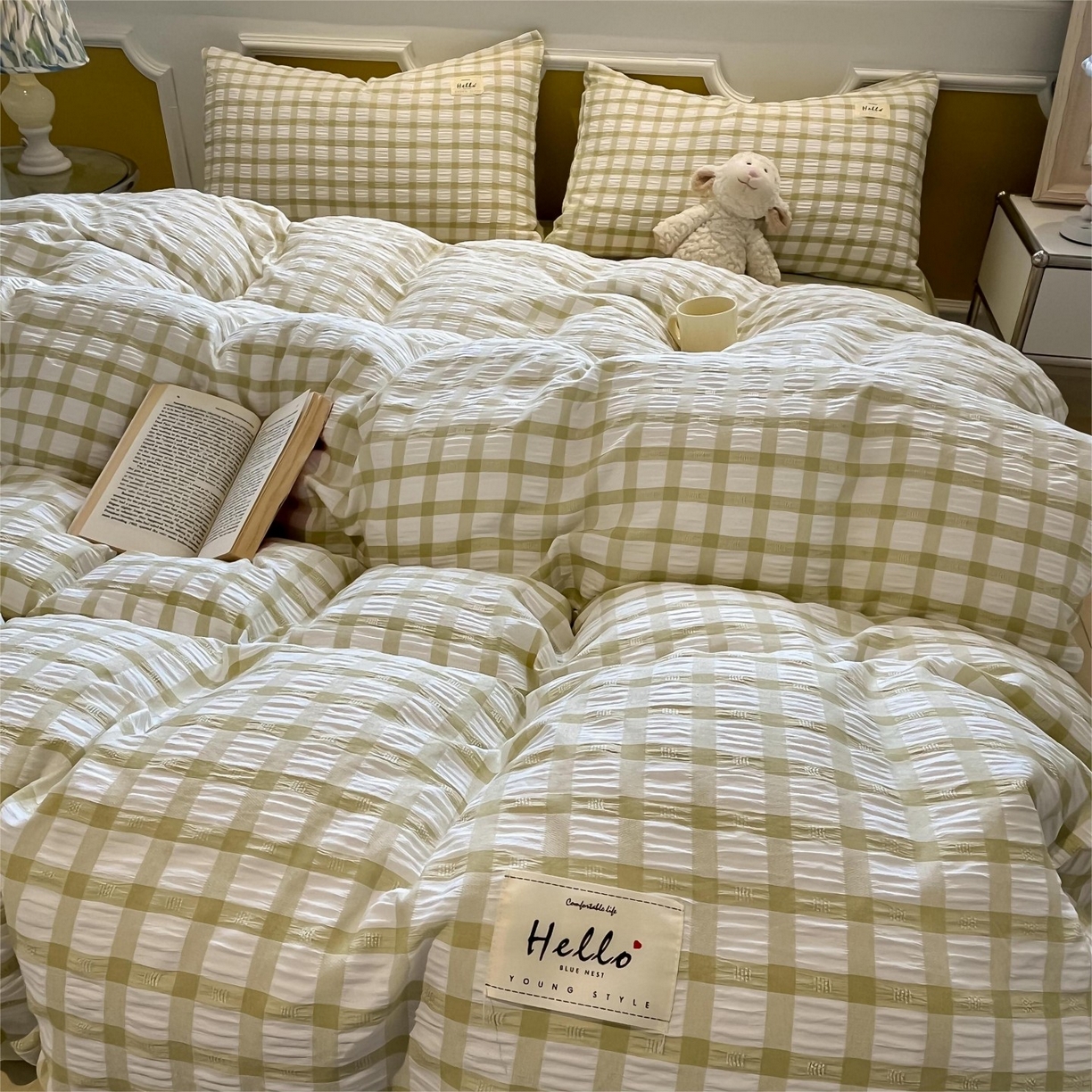 91家纺网 家纺一手货源 找家纺 （总）顾里家纺 2025新款韩系格子阳离子泡泡纱四件套-第一组