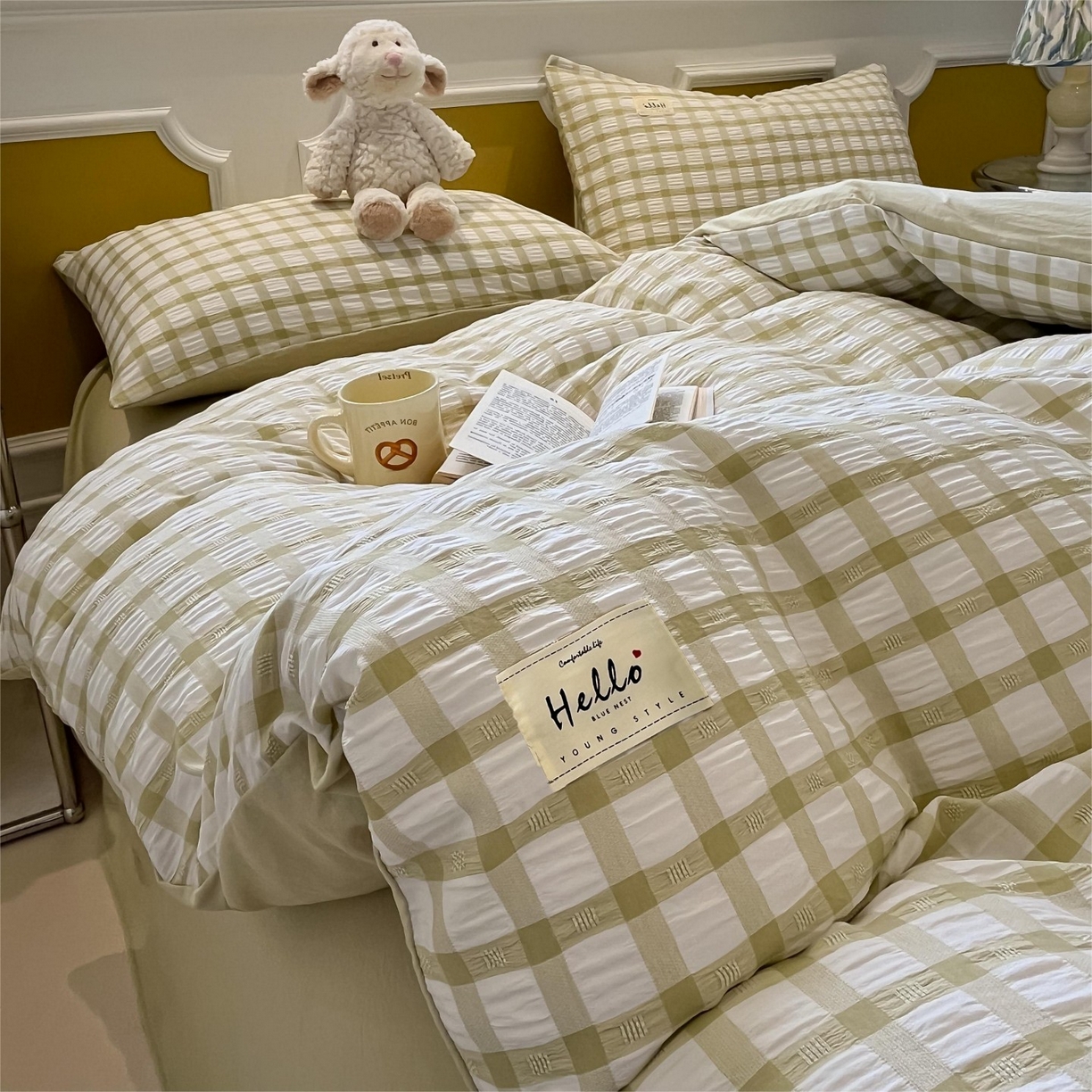 91家纺网 家纺一手货源 找家纺 （总）顾里家纺 2025新款韩系格子阳离子泡泡纱四件套-第一组