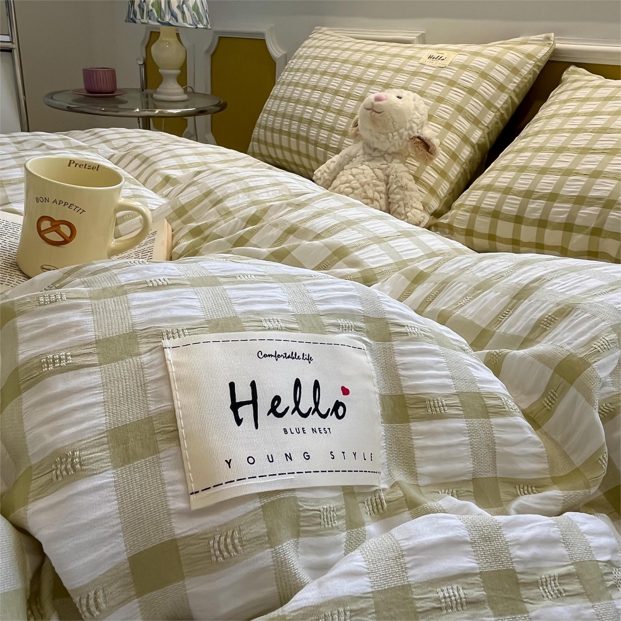 91家纺网 家纺一手货源 找家纺 （总）顾里家纺 2025新款韩系格子阳离子泡泡纱四件套-第一组