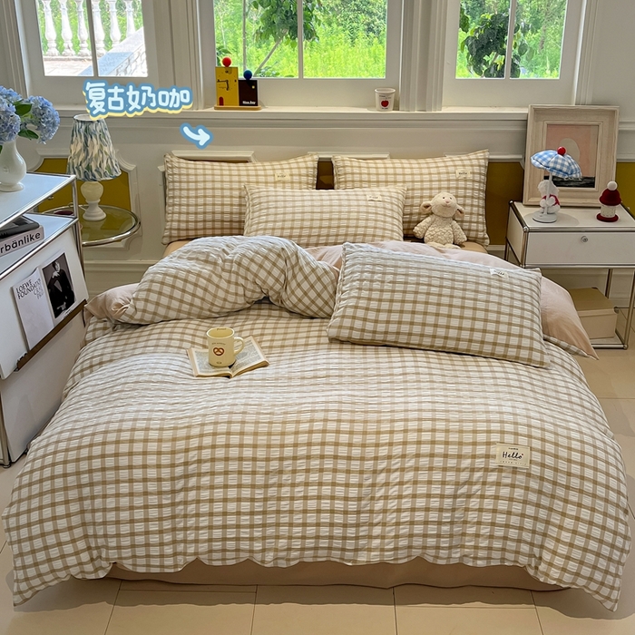91家纺网 家纺一手货源 找家纺 （总）顾里家纺 2025新款韩系格子阳离子泡泡纱四件套-第一组