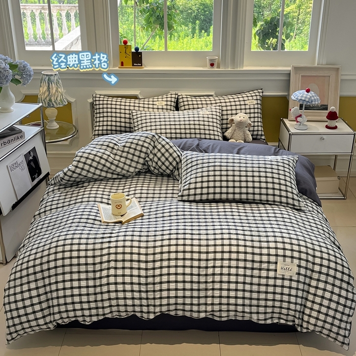 91家纺网 家纺一手货源 找家纺 （总）顾里家纺 2025新款韩系格子阳离子泡泡纱四件套-第一组