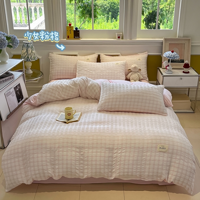 91家纺网 家纺一手货源 找家纺 （总）顾里家纺 2025新款韩系格子阳离子泡泡纱四件套-第一组