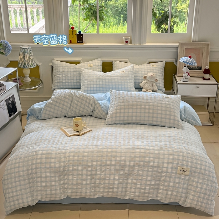 91家纺网 家纺一手货源 找家纺 （总）顾里家纺 2025新款韩系格子阳离子泡泡纱四件套-第一组