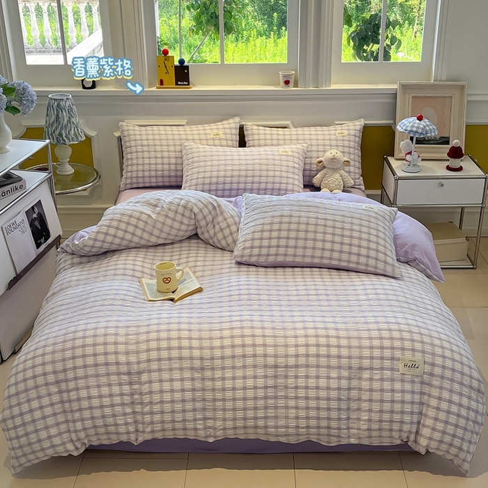 91家纺网 家纺一手货源 找家纺 （总）顾里家纺 2025新款韩系格子阳离子泡泡纱四件套-第一组