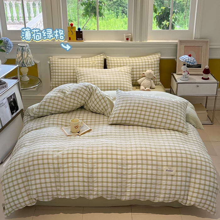 顾里家纺 2025新款韩系格子阳离子泡泡纱四件套-第一组 薄荷绿格