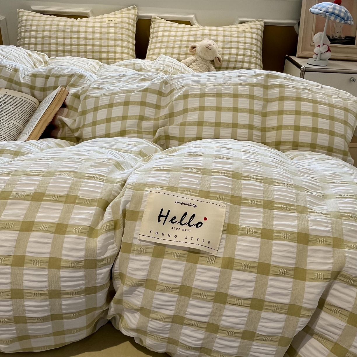 91家纺网 家纺一手货源 找家纺 顾里家纺 2025新款韩系格子阳离子泡泡纱四件套-第一组 薄荷绿格