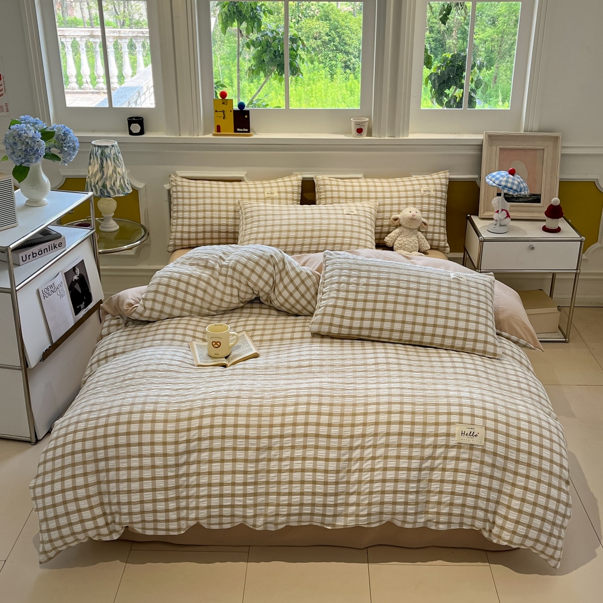 91家纺网 家纺一手货源 找家纺 顾里家纺 2025新款韩系格子阳离子泡泡纱四件套-第一组 复古奶咖