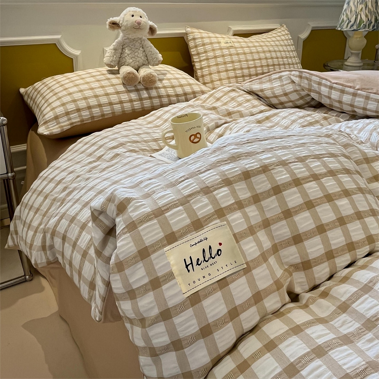 91家纺网 家纺一手货源 找家纺 顾里家纺 2025新款韩系格子阳离子泡泡纱四件套-第一组 复古奶咖