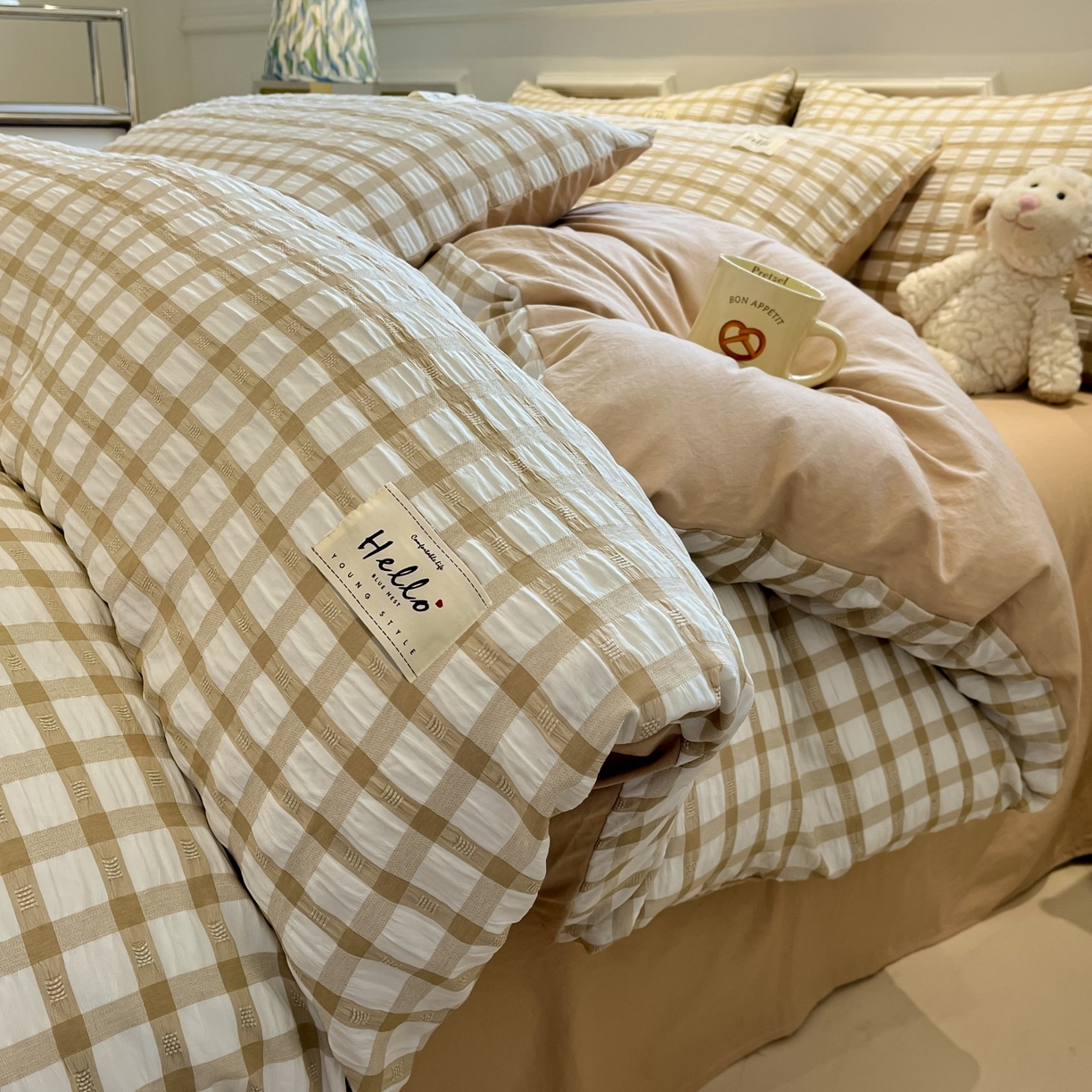 91家纺网 家纺一手货源 找家纺 顾里家纺 2025新款韩系格子阳离子泡泡纱四件套-第一组 复古奶咖