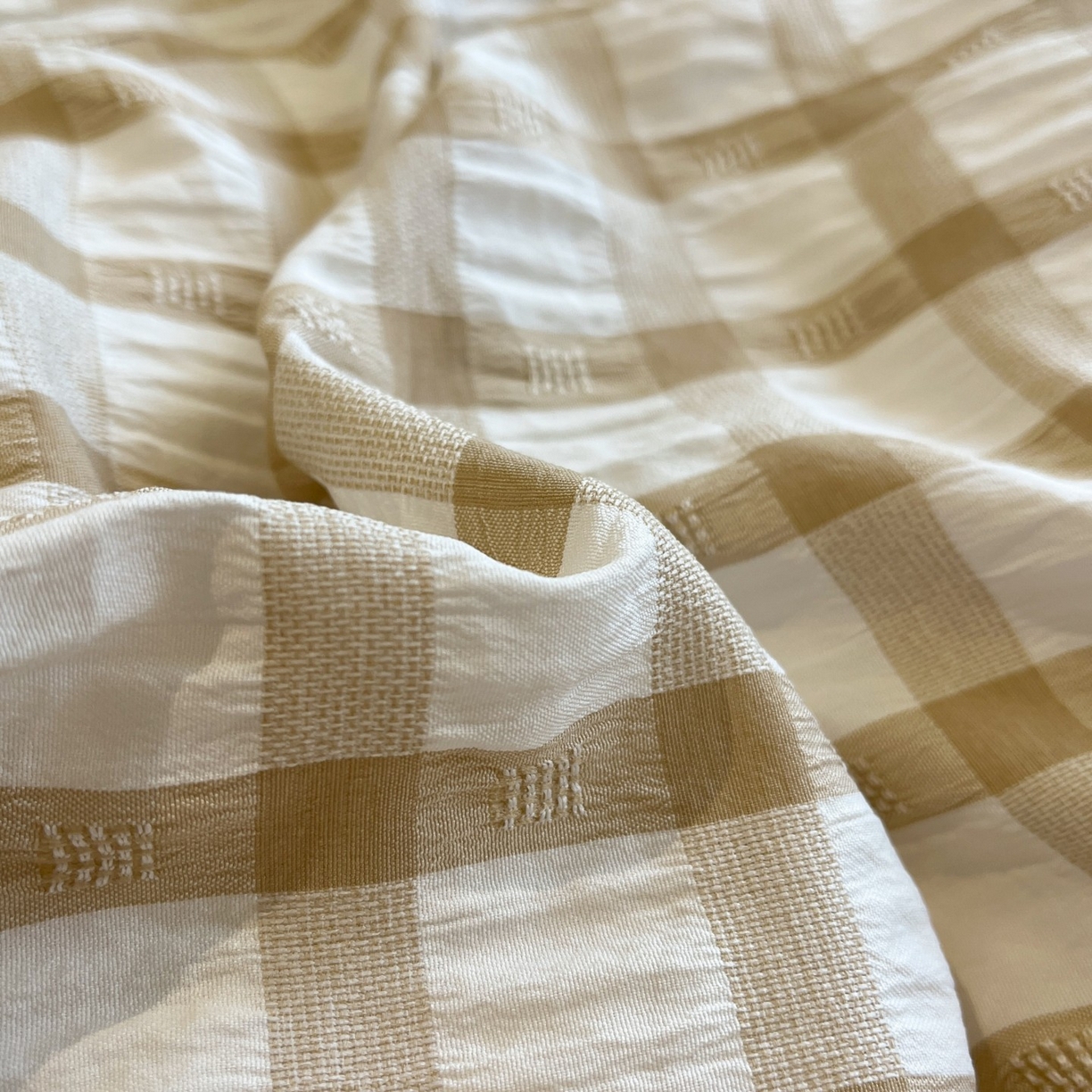 91家纺网 家纺一手货源 找家纺 顾里家纺 2025新款韩系格子阳离子泡泡纱四件套-第一组 复古奶咖