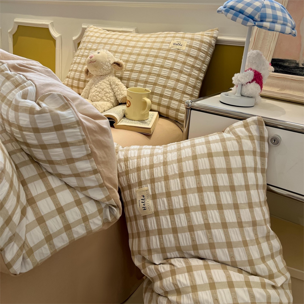 91家纺网 家纺一手货源 找家纺 顾里家纺 2025新款韩系格子阳离子泡泡纱四件套-第一组 复古奶咖