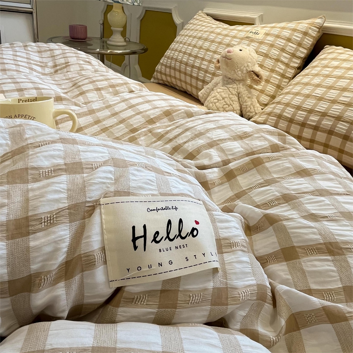 91家纺网 家纺一手货源 找家纺 顾里家纺 2025新款韩系格子阳离子泡泡纱四件套-第一组 复古奶咖