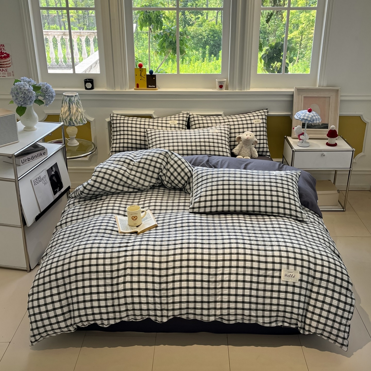 91家纺网 家纺一手货源 找家纺 顾里家纺 2025新款韩系格子阳离子泡泡纱四件套-第一组 经典黑格