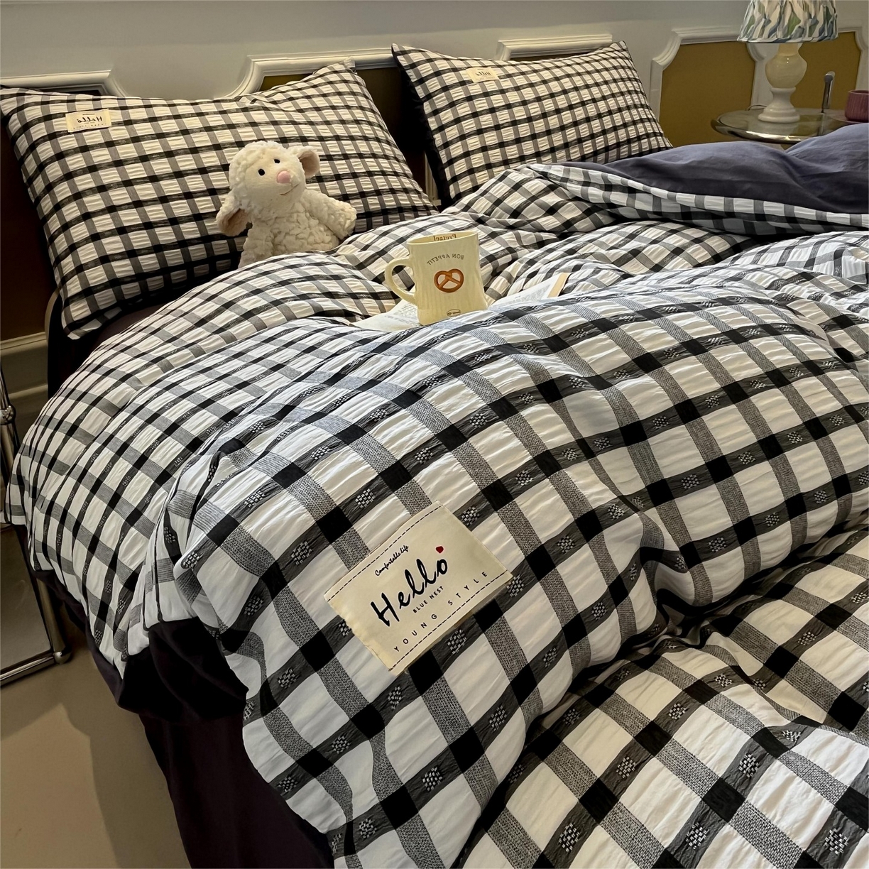 91家纺网 家纺一手货源 找家纺 顾里家纺 2025新款韩系格子阳离子泡泡纱四件套-第一组 经典黑格