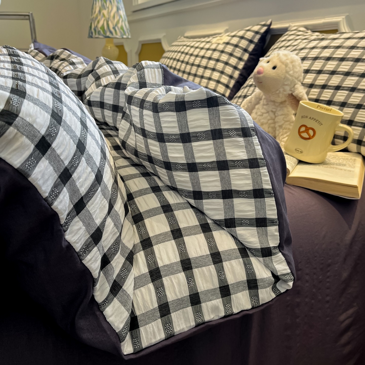 91家纺网 家纺一手货源 找家纺 顾里家纺 2025新款韩系格子阳离子泡泡纱四件套-第一组 经典黑格